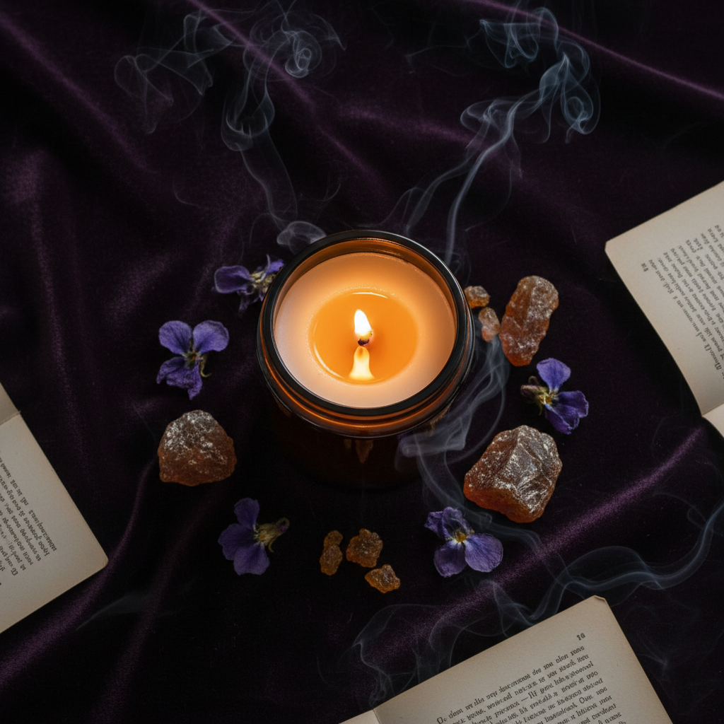 Unraveling candle overhead flat lay with dried violets and amber on dark velvet surface