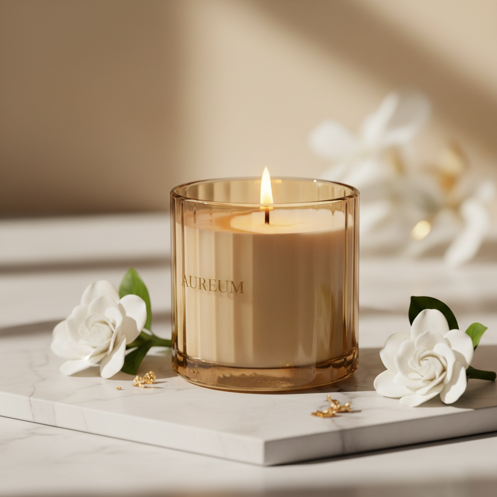 Diamond Glow candle glamorous side angle shot with white flowers and gold accents on marble