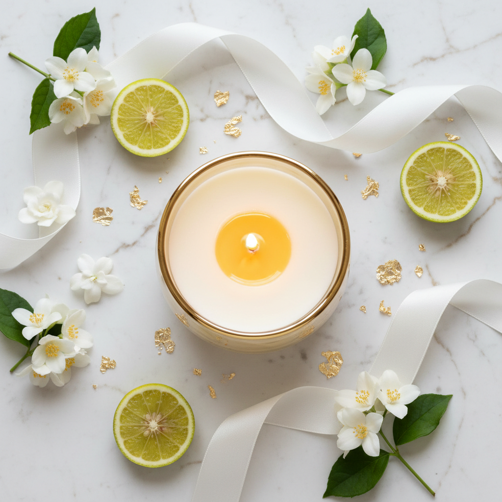 Diamond Glow candle overhead flat lay with bergamot slices, white flowers and gold foil on marble surface
