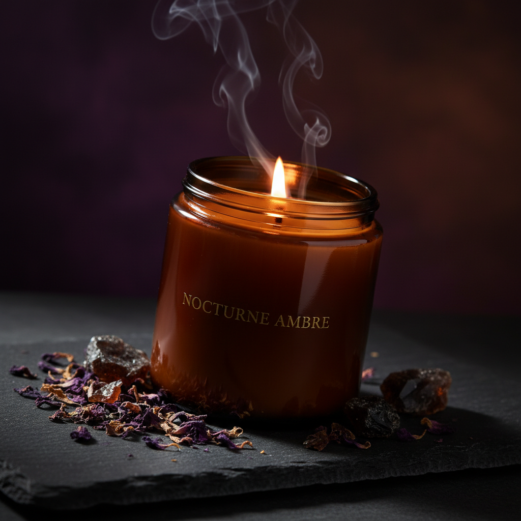 Unraveling candle moody side angle shot with violet petals and amber crystals
